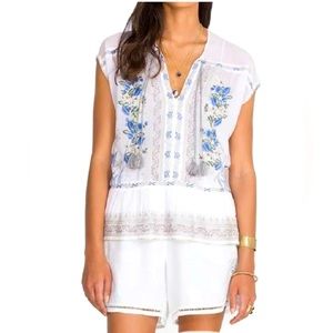 JOHNNY WAS Noah 100% Cupra Rayon floral embroidered white boho v-neck top XL
